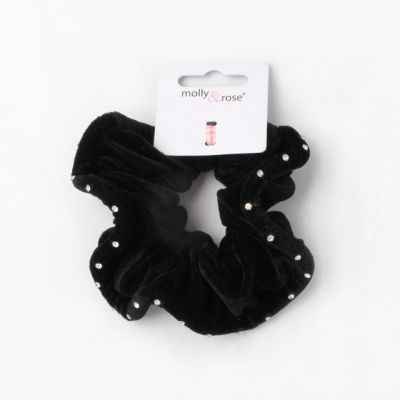 Large - Black velvet scrunchie with diamante crystals. Dia.12cm