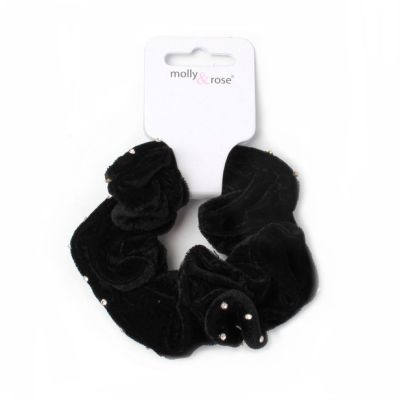 Large - Black velvet scrunchie with diamante crystals. Dia.12cm