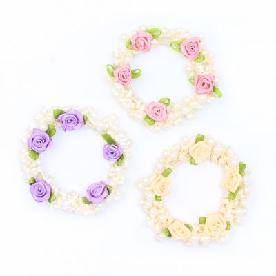 Pearl bead and cream twisted ribbon scrunchie with rosebuds
