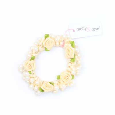 Pearl bead and cream twisted ribbon scrunchie with rosebuds
