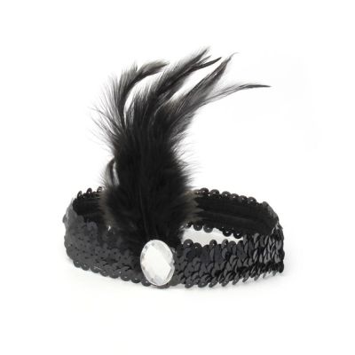 Flapper sequin stretch browband with feathers.