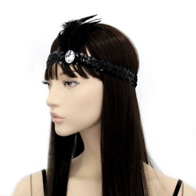 Flapper sequin stretch browband with feathers.