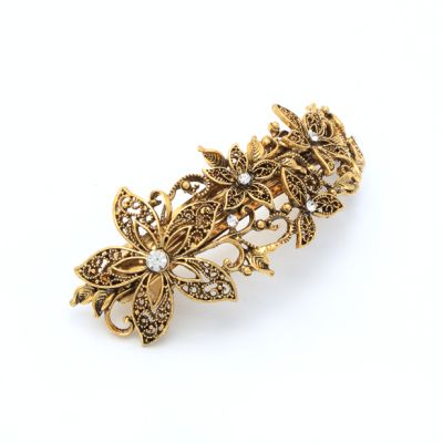 Vintage style gilt crystal filligree flower barrette 10cm