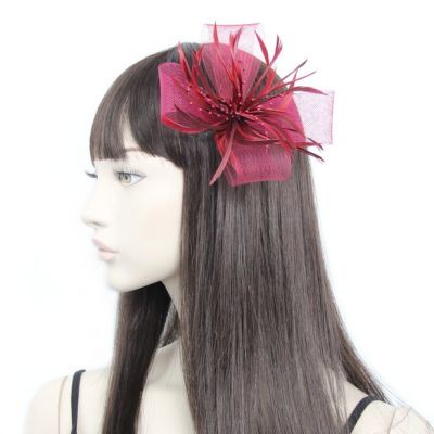 © Style Willow. Burgundy net and feather fascinator on a clip and pin