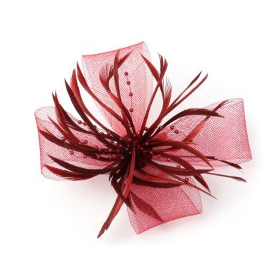 © Style Willow. Burgundy net and feather fascinator on a clip and pin