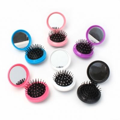 Folding compact hair brush with mirror