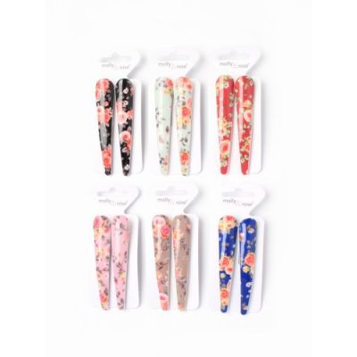 Card of 2 floral print acrylic covered beak clips. 8cm