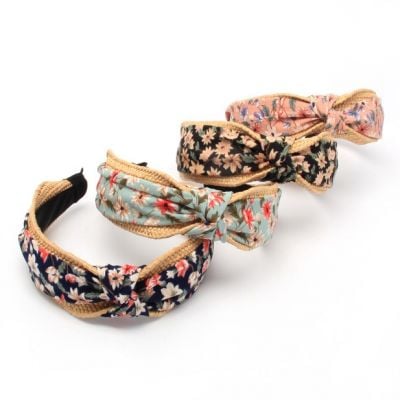 5cm wide Raffia and floral print knotted top aliceband