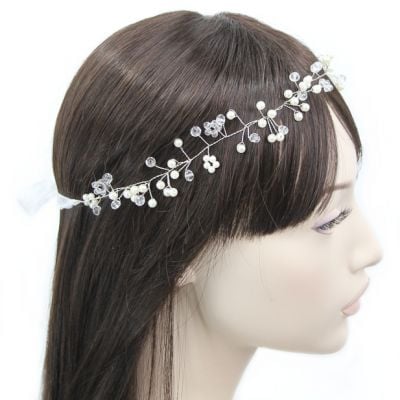 Pearl and glass beaded wire hair garland. Gold and Silver wire