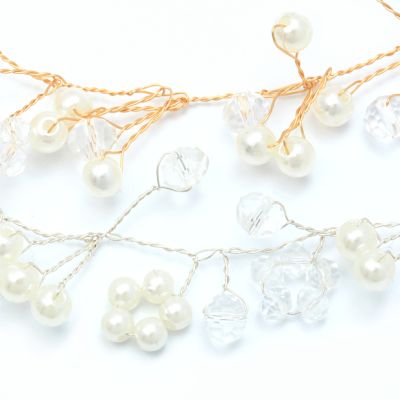 Pearl and glass beaded wire hair garland. Gold and Silver wire