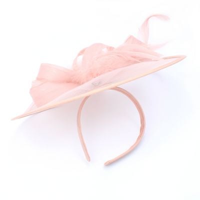 Style Doris. Dusky Pink net and feather fascinator on an aliceband