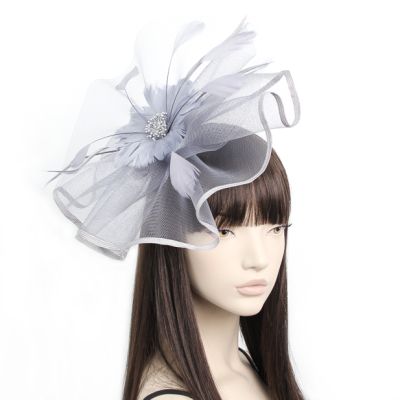 Style Sally. Grey waved net and feather fascinator