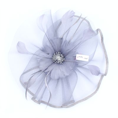 Style Sally. Grey waved net and feather fascinator