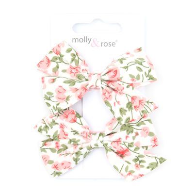 Card of 2 floral print white bow clips 5cm