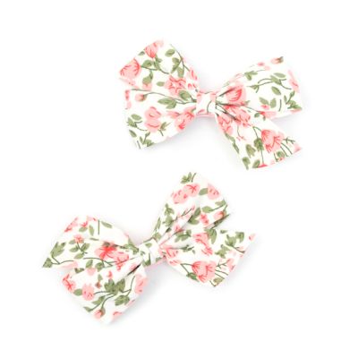 Card of 2 floral print white bow clips 5cm