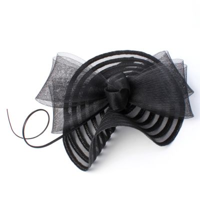 Style Iris. Black swirl net fascinator with ostrich quill