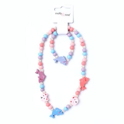 Dolphin stretch bead necklace and bracelet set