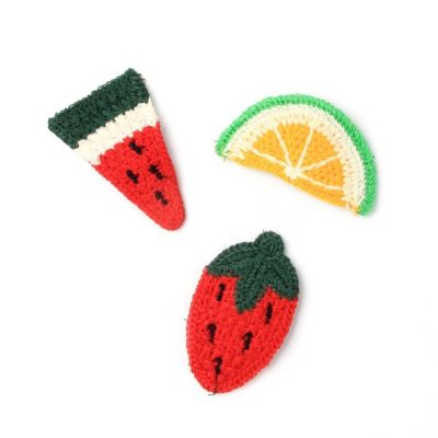 Crochet fabric fruit motif sleepie. 6.5cm