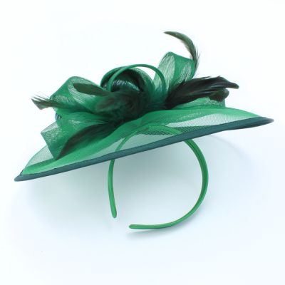 Style Doris. Green net and feather fascinator on an aliceband