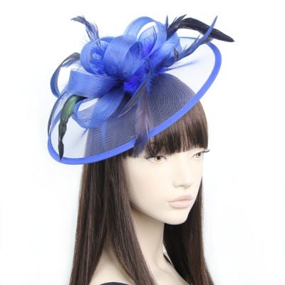 Style Doris. Large Blue net and feather fascinator on an aliceband