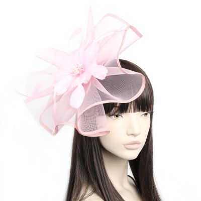 Style Sally. Pink waved net and feather fascinator