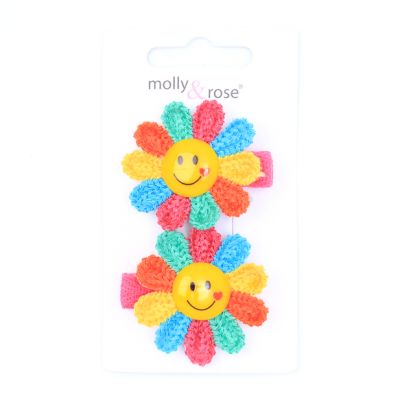 Card of 2 smiley face rainbow flower hair clips 3.5cm