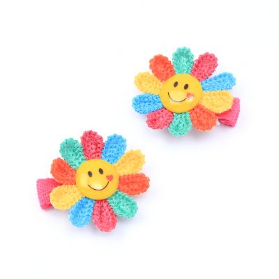 Card of 2 smiley face rainbow flower hair clips 3.5cm