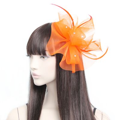 Style Luna. Orange net fascinator on a clip