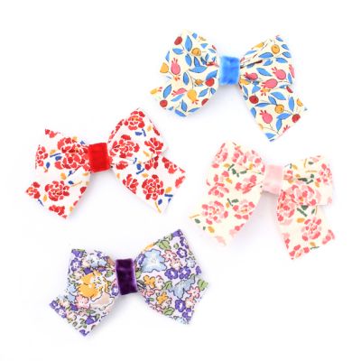 Card of 2 Floral cotton and velvet bow clips 5cm