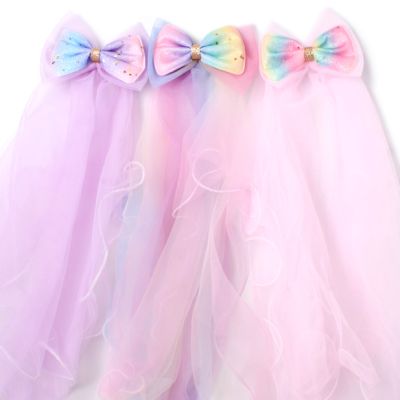 Rainbow glitter bow clip with net veil