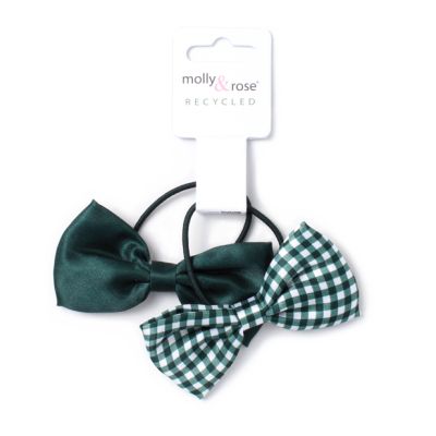 Card of 2 recycled bow elastics in Bottle Green