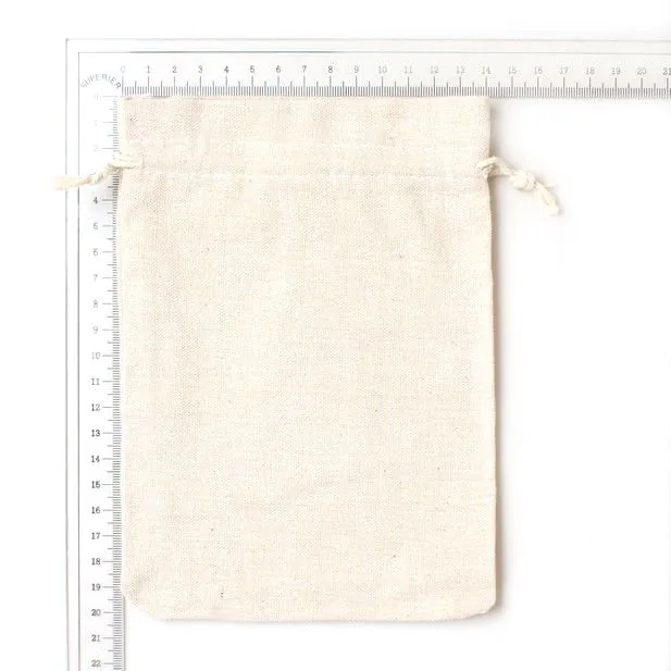 19.5x14cm. Unbleached, raw cotton drawstring bag