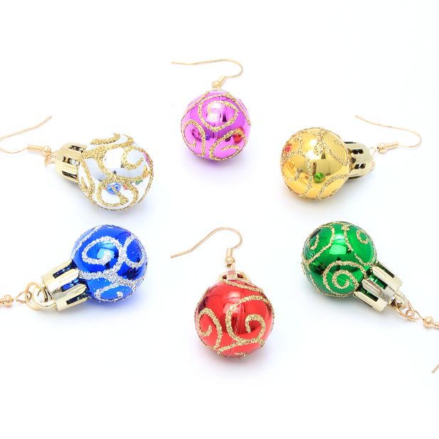 Pair of glitter christmas bauble drop earrings. In an assortment of red blue gold silver green and purple