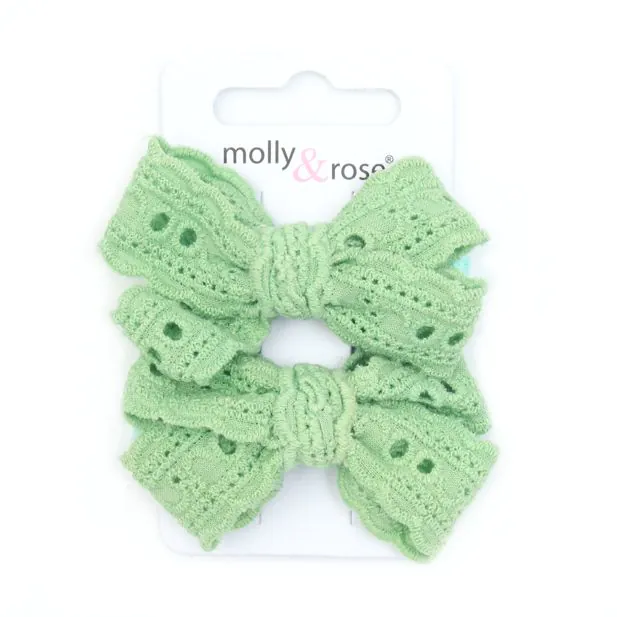 Pair of 100% cotton broderie anglaise bow clips 5cm