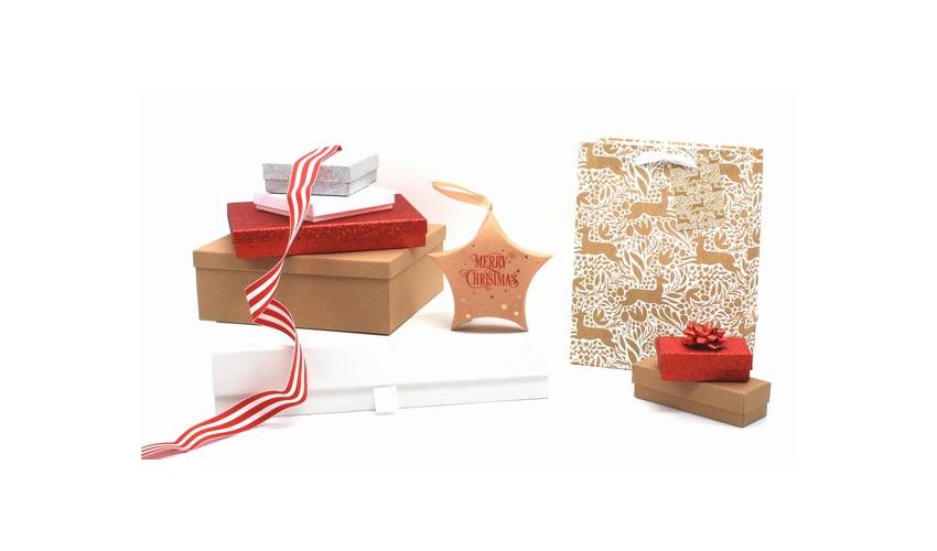 Kraft box with red and white ribbon and foliage decoration
