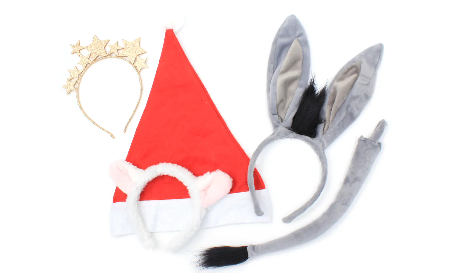 Santa hat, donkey ears and tail, lambs ears, and a gold festive headband