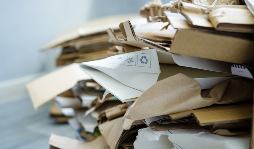 A stack of compacted cardboard boxes waiting to be recycled 