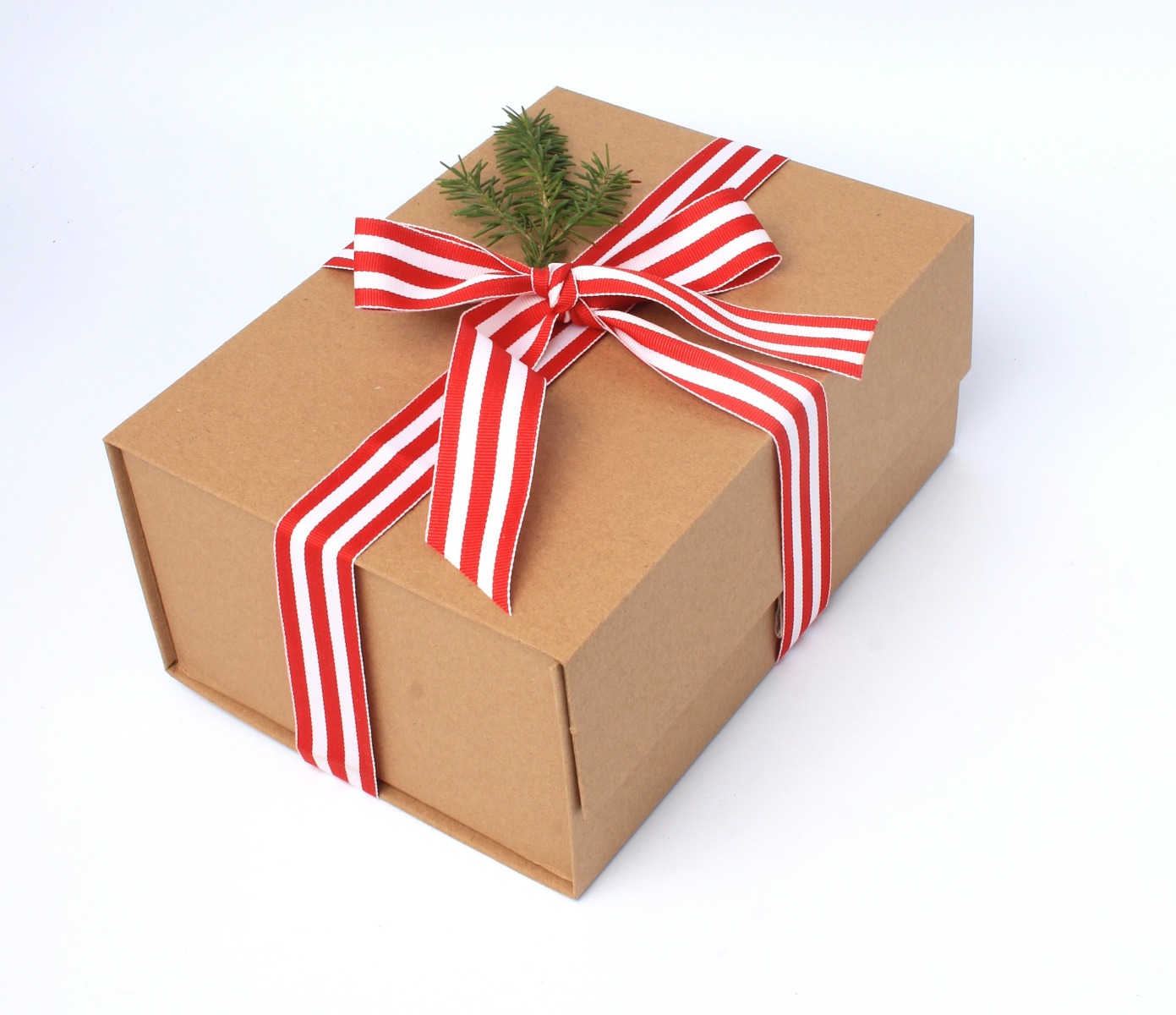 Kraft box with red and white ribbon and foliage decoration
